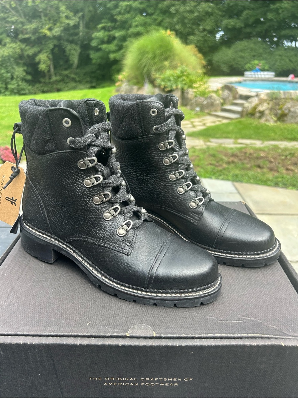 Frye Black Leather Lace-Up Hiking Boots with Gray Wool Cuff
